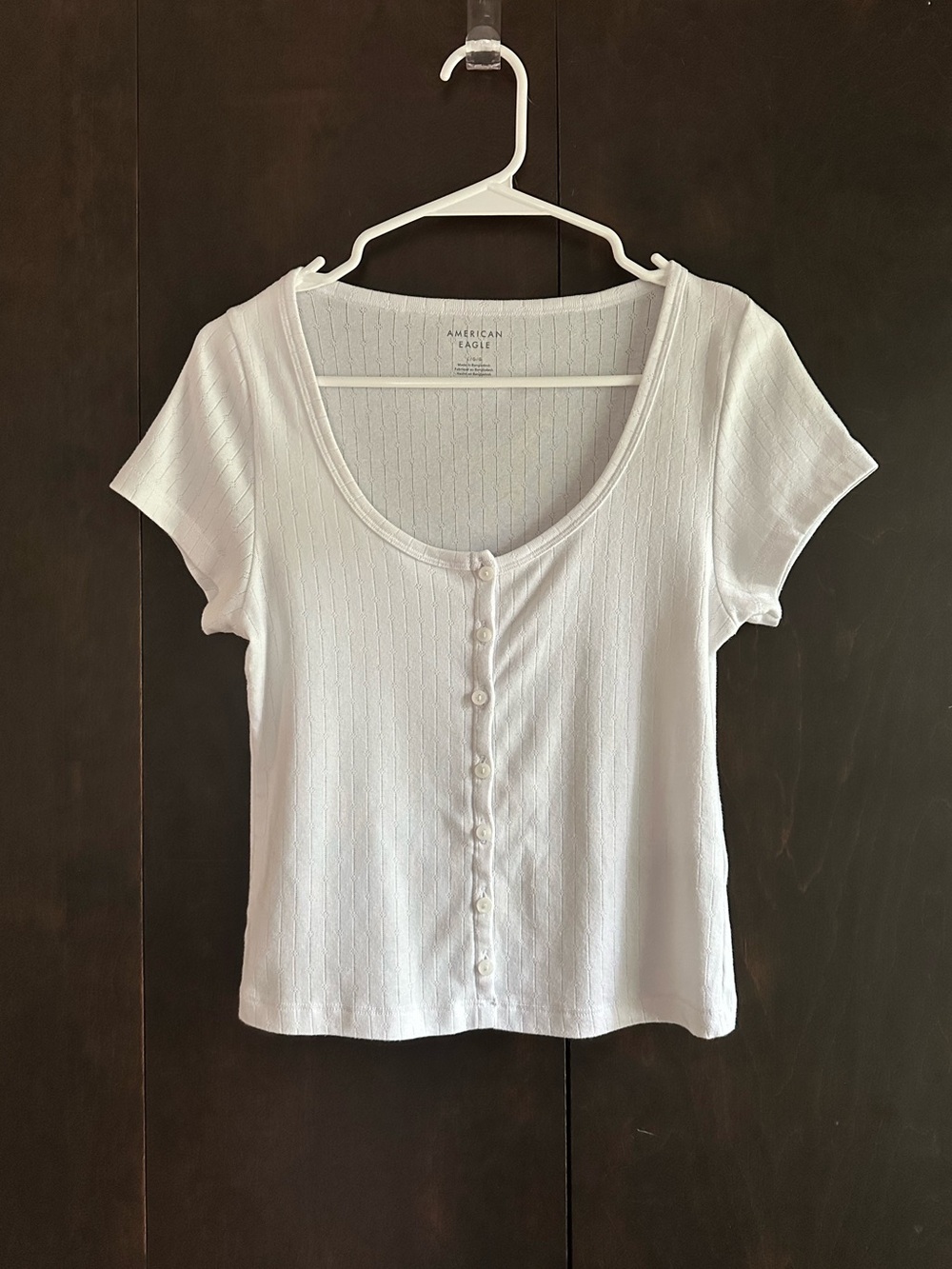 American Eagle Outfitters White Short-Sleeve Button Front Ribbed Top